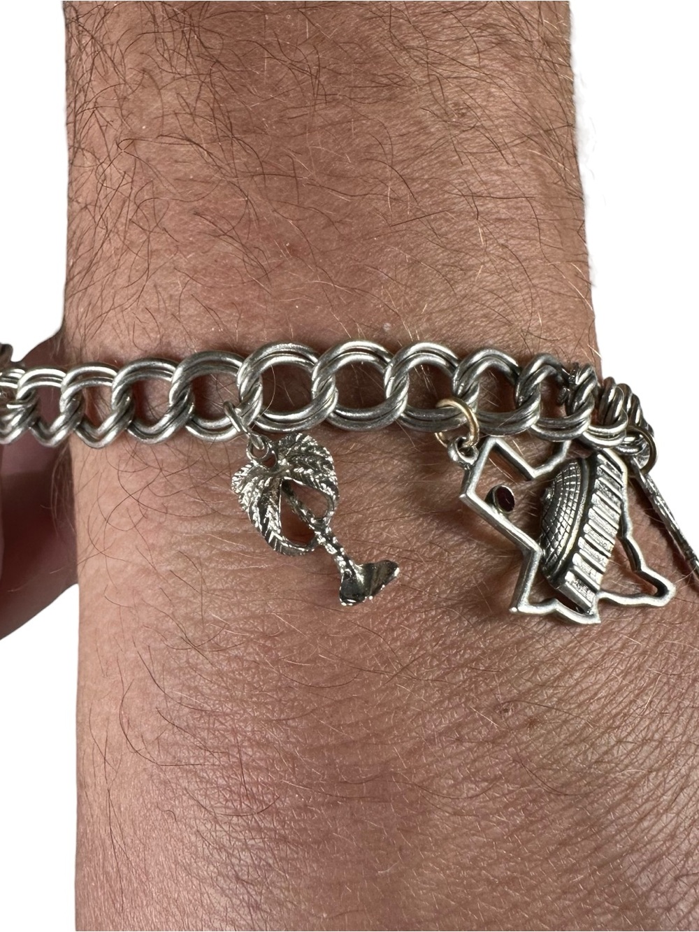 Vtg 925 Sterling Double Link Charm Bracelet 7” Texas Virginia Marlin Palm 20.01g